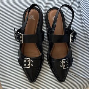 wild fable Black Pointed Buckle Slingback Flats with Silver Hardware